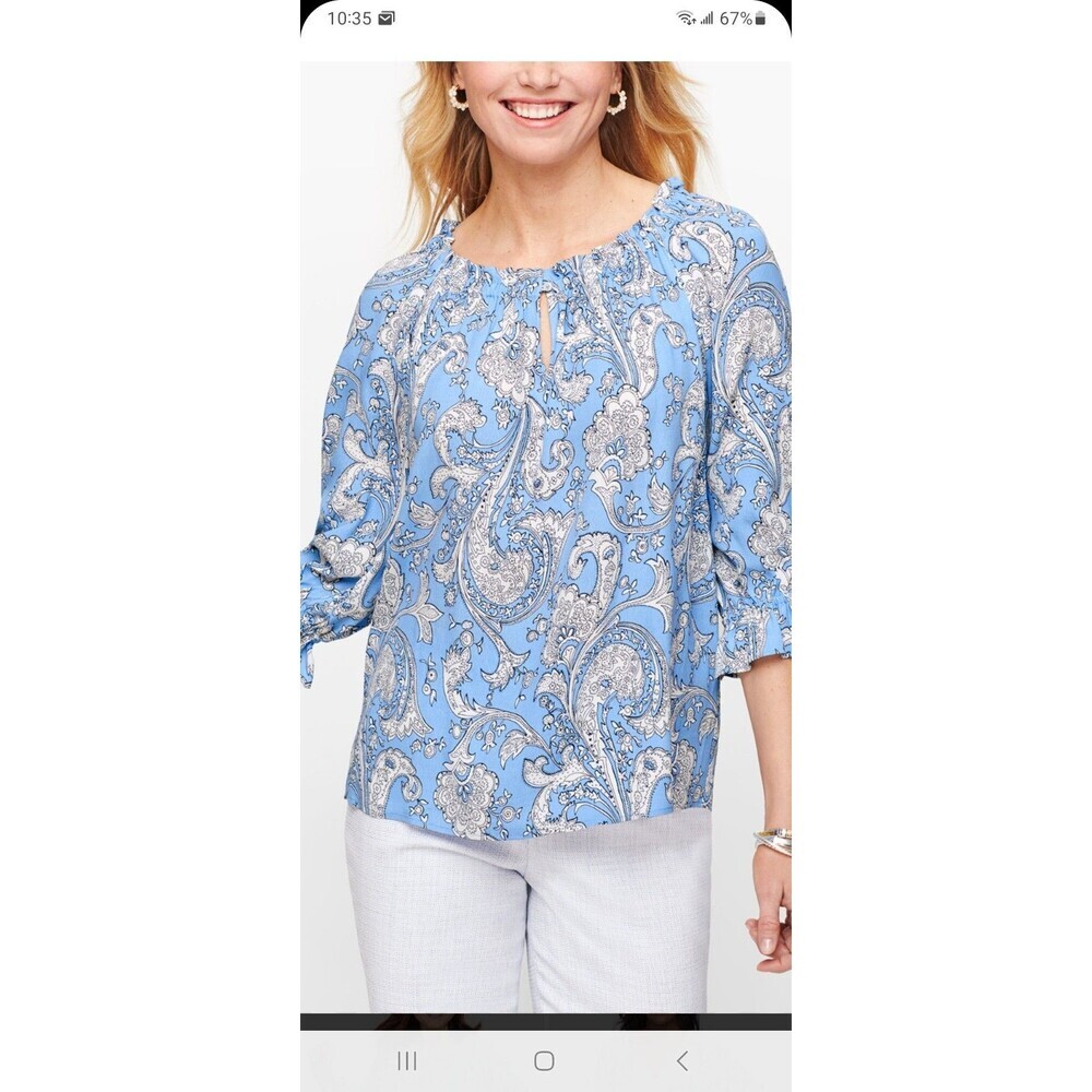 Talbots blue paisley poet sleeve top blouse M pleats lightweight modest NWOT